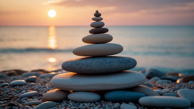 Stacked smooth pebbles arranged in a balanced structure on a sandy beach captured during sunset showcasing warm light reflecting over the calm ocean surface and blurred shoreline.