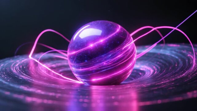 Glowing purple orb emitting radiant energy waves rotating smoothly on shimmering surface with swirling light patterns vibrant space-inspired design featuring neon hues and dynamic movement