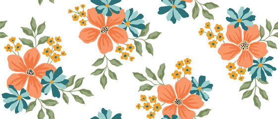 floral vintage print of wild flowers with green leaves, ditsy and pretty simple vibe on a white background. Seamless retro pattern for girl, woman dress, fashion fabric textile. Vector illustration