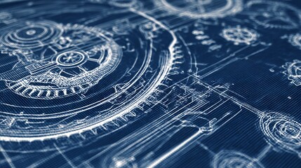 A close-up, blueprint-style image showing complex mechanical gears and interconnected components rendered in white lines