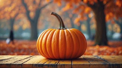Close-up of bright orange pumpkin resting on rustic wooden table surrounded by vibrant autumn foliage and blurred trees in warm natural lighting showcasing seasonal harvest themes - Powered by Adobe
