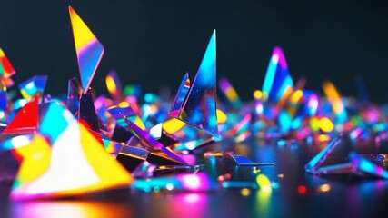 Colorful reflective shards of glass creating a vibrant abstract landscape with sharp edges and a kaleidoscope of hues as the camera transitions smoothly through the scene - Powered by Adobe