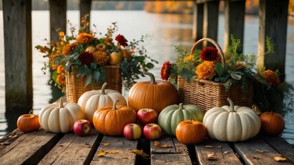 Autumn harvest scene featuring an array of pumpkins apples and colorful flowers arranged in baskets on a rustic wooden dock by a serene lake surrounded by fall foliage