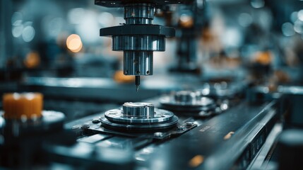 Close-up of automated industrial machinery focusing on a tool head over metal components, hinting at precision manufacturing