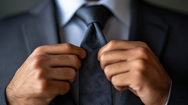 Professional Man Adjusting Dark Tie in Formal Suit for Business Meeting in Indoor Environment with Soft Focus Background