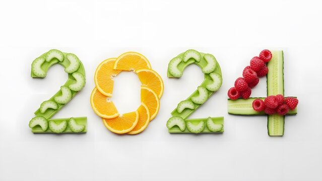 Creative 2024 design with fruits and vegetables on white background