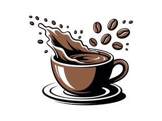 Illustration of a coffee cup with splashing liquid and floating coffee beans