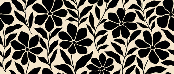 Leaves branch and Hand Drawn doodle Scribble floral plants banner. seamless pattern. Creative minimalist Abstract art background. Design wall decoration, postcard, poster or brochure