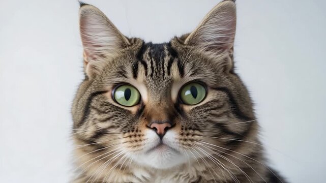 Close-up of a fluffy tabby cat with green eyes blinking and gazing intensely against a plain white background in a well-lit neutral studio setting showcasing detailed fur patterns and textures