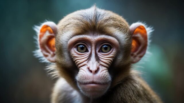 Close-up of a young monkey with expressive eyes and detailed facial features captured in natural lighting against a blurred background showcasing its attentive gaze and relaxed demeanor throughout