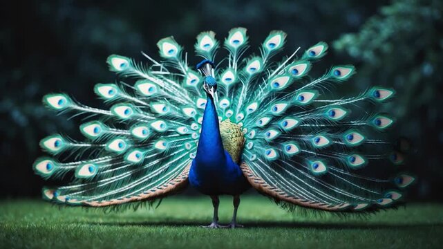 Magnificent peacock displaying its vibrant plumage in a lush green environment showcasing intricate feather patterns and bright colors under soft natural lighting.