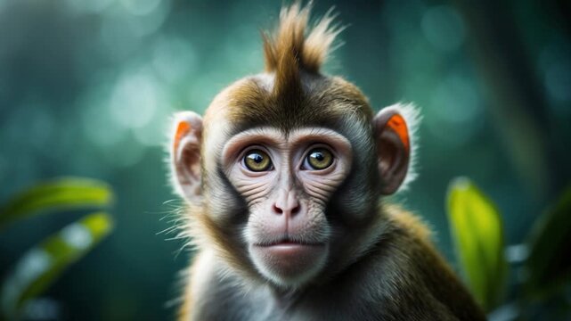 Close-up of a curious macaque monkey with distinct features in a lush forest environment during the day highlighting soft natural light and rich green foliage in the background