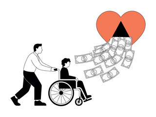 Man pushing person in wheelchair with money flowing from heart illustration