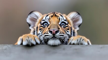 Obraz premium Adorable tiger cub peeking over edge with bright blue eyes and distinctive orange and black striped fur pattern, capturing wildlife conservation awareness.