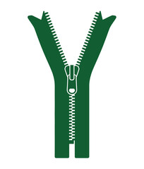 An isolated green zipper is partially open on a plain white background image