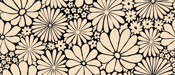 Leaves branch and Hand Drawn doodle Scribble floral plants banner. seamless pattern. Creative minimalist Abstract art background. Design wall decoration, postcard, poster or brochure