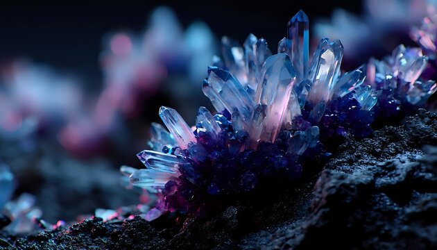 Glowing crystal formation with purple and blue hues emerging from dark rock surface, creating mystical geological display against black background. - Powered by Adobe