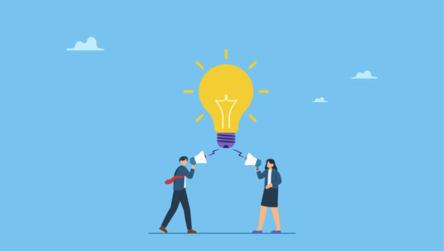 Business people talk on megaphone with idea. Communication message, announcement or conversation to communicate idea, information or discussion speech, advertising strategy, speaking or talk.