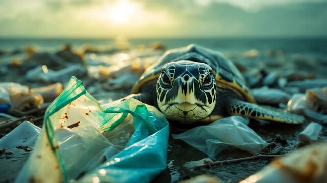 Close-up of a sea turtle resting on a beach littered with plastic waste during sunset capturing the serene yet troubling environmental scene with soft golden light and scattered debris.
