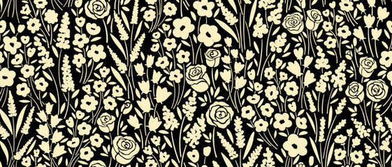 Leaves branch and Hand Drawn doodle Scribble floral plants banner. seamless pattern. Creative minimalist Abstract art background. Design wall decoration, postcard, poster or brochure