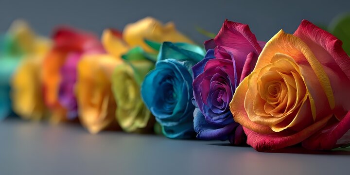 Vibrant rainbow colored roses arranged in a row against dark background, showcasing gradient hues from orange to blue for celebration or romantic occasions.