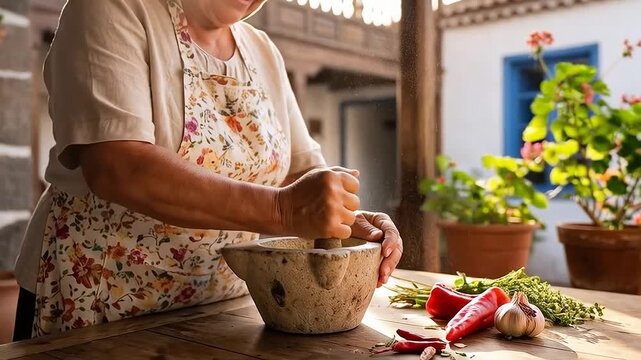 Mujer mayor preparando mojo canario tradicional en patio t&iacute;pico de Canarias