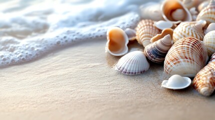 Collection of seashells on sandy beach with gentle wave foam, perfect for summer vacation themes and coastal decor inspiration.