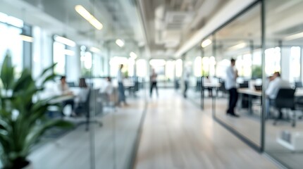 a modern, blurred office interior, depicting people at work in a bright and open space. The scene gives an impression of a dynamic and collaborative workplace