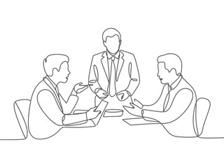 Continuous line drawing of three business people in a meeting discussion
