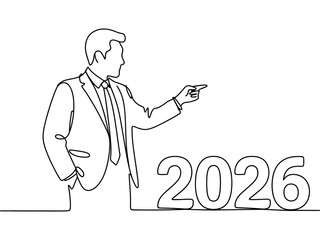 Continuous line drawing of a businessman pointing towards the year twenty twenty six