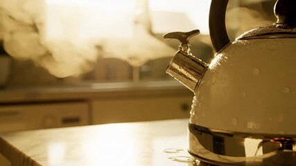 Evocative Steam Rising From a Boiling Kettle in a Warm, Sunlit Kitchen - Powered by Adobe