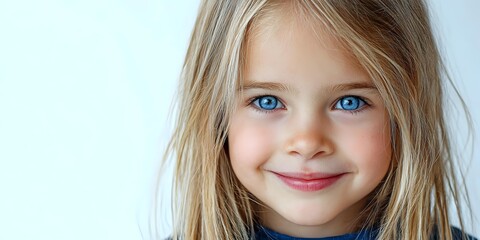 Young blonde child with bright blue eyes smiling at camera against light background, showcasing innocence and happiness in a natural portrait.
