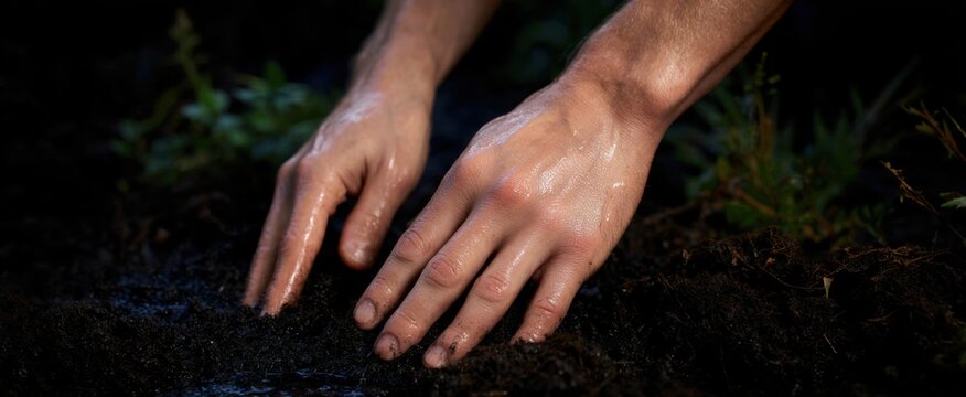 Wet hands gently touch moist soil to experience its natural texture.