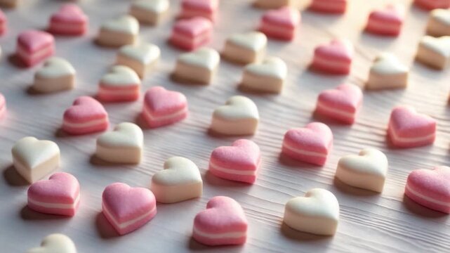 Close-up view of colorful heart-shaped candies arranged in neat rows on a smooth wooden surface beautifully lit by soft natural light showcasing their glossy textures and pastel colors