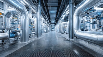 Industrial facility interior with pipes and machinery