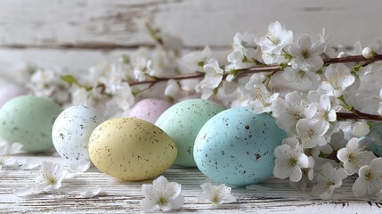 Delightful Pastel Blue, Pastel Green, and Pastel Yellow speckled Easter eggs rest gently on a rustic white wooden surface, adorned with delicate cherry blossoms for a serene spring celebration.