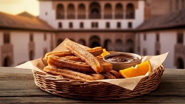 Churros con chocolate servidos con naranja frente a la Alhambra de Granada