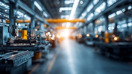Industrial interior with machinery in focus, leading to a blurred, bright background highlighting the depth and scale