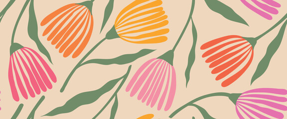 floral vintage print of wild flowers with green leaves, ditsy and pretty simple vibe on a white background. Seamless retro pattern for girl, woman dress, fashion fabric textile. Vector illustration