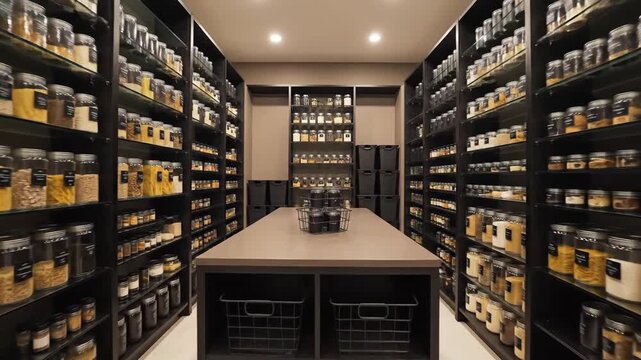 Organized Pantry Room Showcasing a Wide Variety of Culinary Ingredients and Goods Display