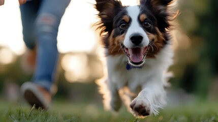 Happy border collie dog running outdoors with owner in background, showing joyful expression during exercise in park setting.