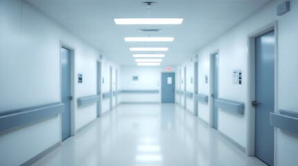 hospital corridor with symmetrical design and soft blue and white hues. The image showcases an empty hallway with doors on both sides. A sense of cleanliness, order.