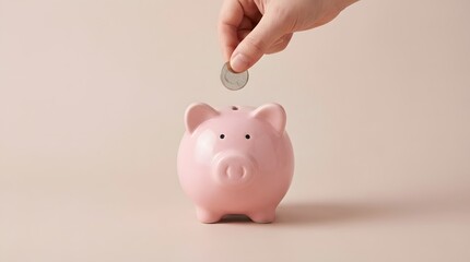 Hand dropping coin into a pink piggy bank on a plain background, representing savings