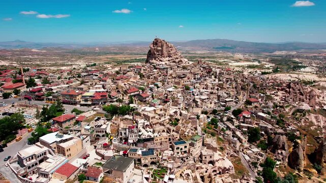 High Angle Drone View of U&ccedil;hisar, Turkey