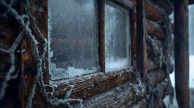 Frosty log cabin window with intricate ice crystals and snowy vines in winter - Powered by Adobe