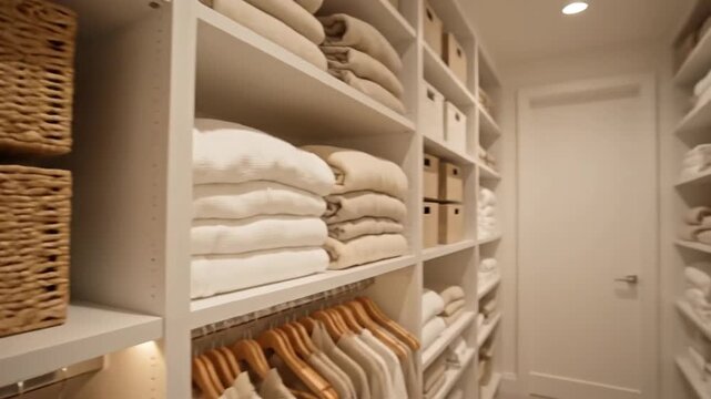 Organized Walk In Closet With Storage Baskets, Clean Clothes, And Shelves