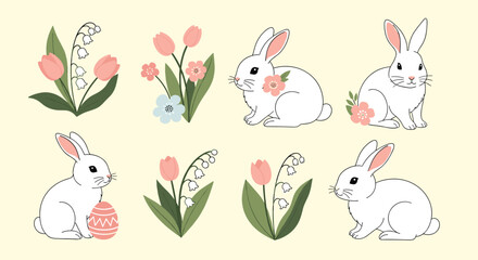 Adorable collection of Easter and spring illustrations featuring cute white rabbits beautiful tulips and an ornate decorated egg.