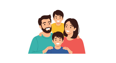 Portrait of a happy and loving family of four with a mother father and two sons smiling and embracing each other with joy.