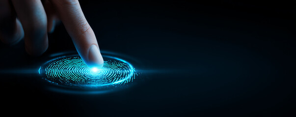 Blue fingerprint scan icon on virtual screen while finger scanning for security access with biometrics identification on dark. Cyber security, privacy data protection technology for business. banner