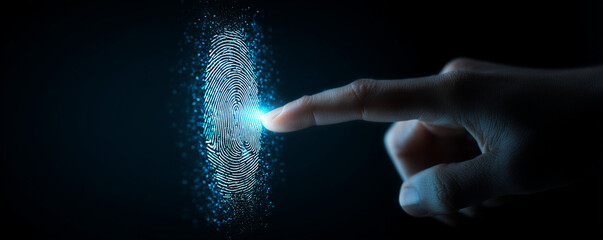 Blue fingerprint scan icon on virtual screen while finger scanning for security access with biometrics identification on dark. Cyber security, privacy data protection technology for business. banner
